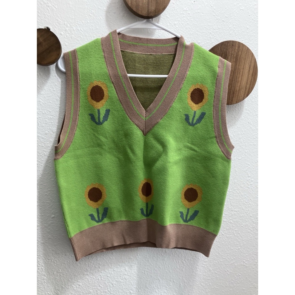 Hippie Sunflower Sweater Vest Women S Green Floral Academic College Fun Cozy